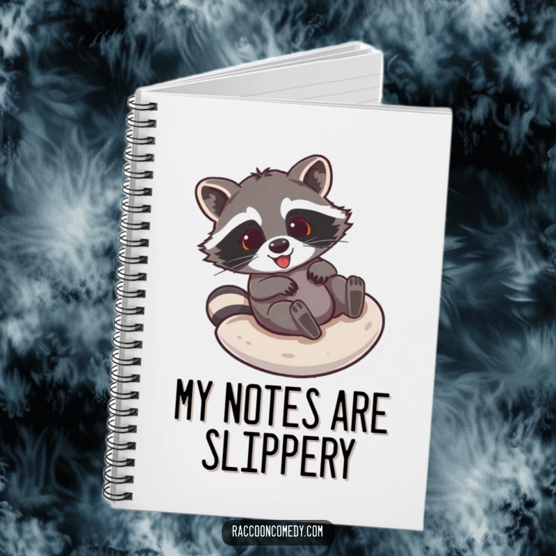 Funny raccoon notebook featuring a gleeful raccoon mid-slide down a smooth surface, ready for your funny thoughts.