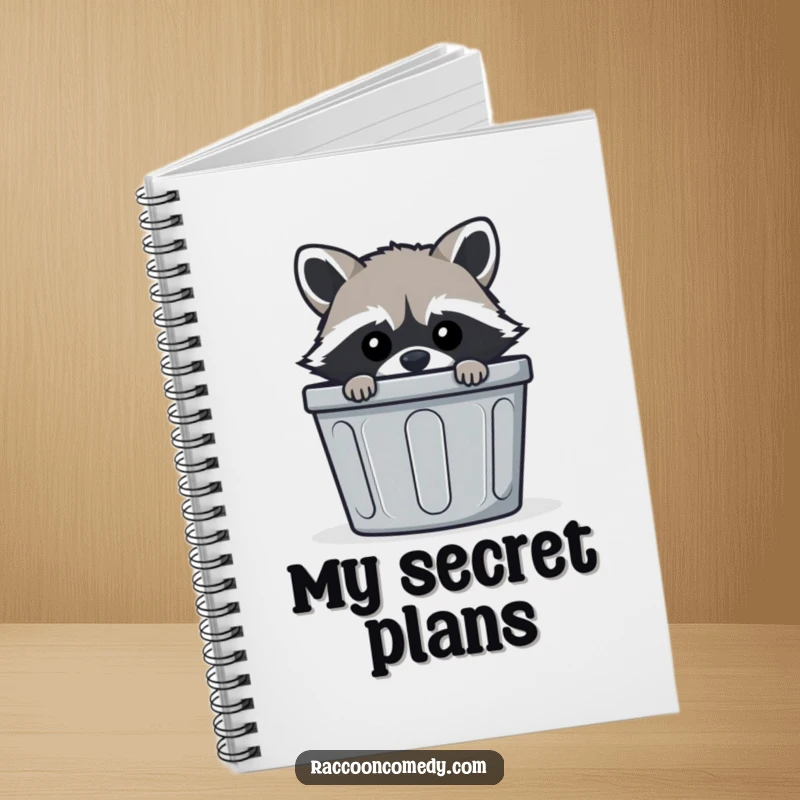 Funny mischievous raccoon notebook, peeking from trash bin, blank pages, cute stationery, perfect funny gift.