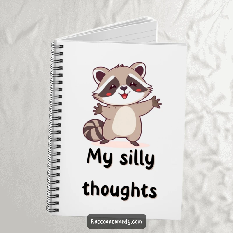Funny happy raccoon notebook, silly dance, paws in the air, blank pages, perfect funny gift.
