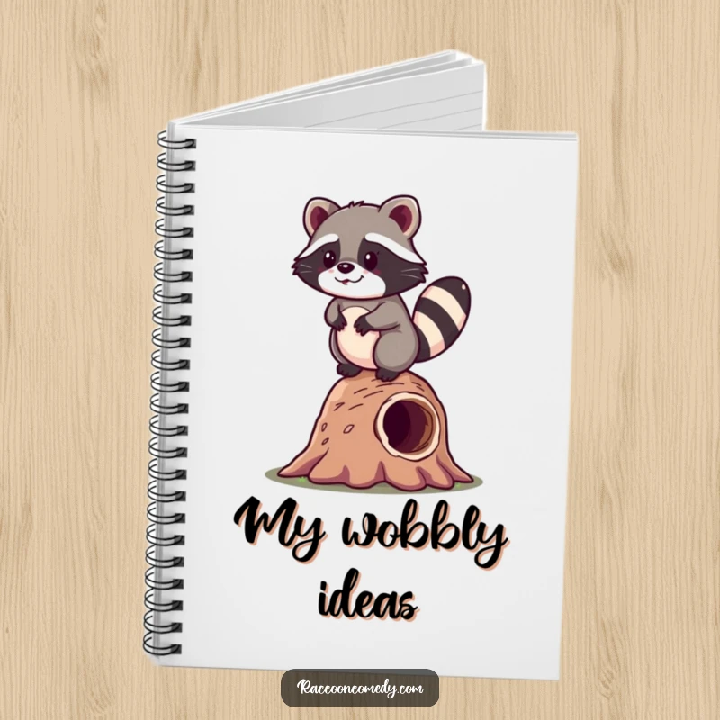 Funny kawaii raccoon wobbling on a log, humorously illustrated on a cute notebook cover for writing.