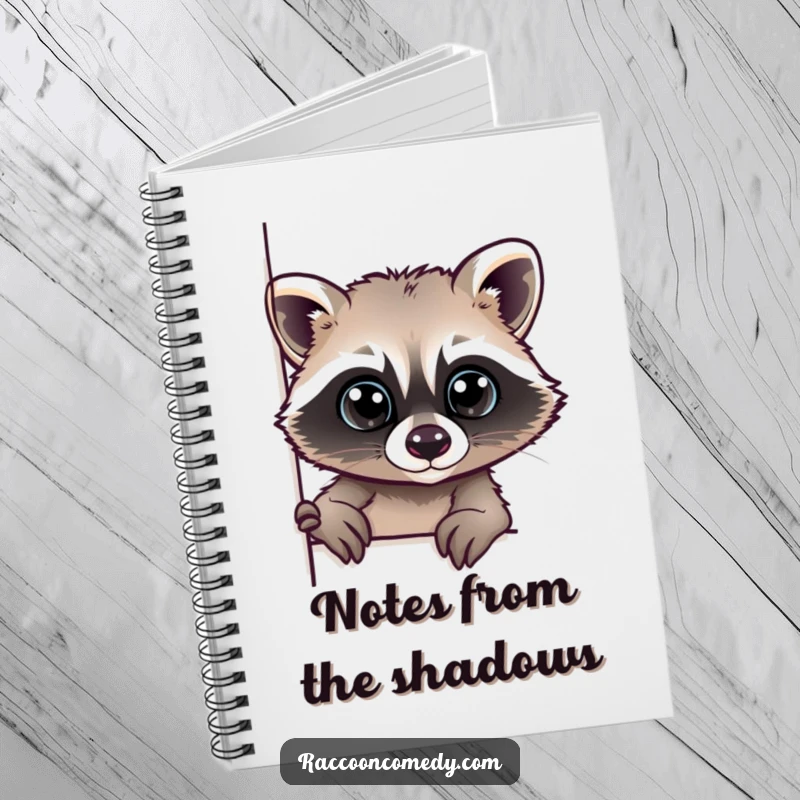 Funny notebook cover featuring a raccoon with large, curious eyes peeking from around a corner, ideal for notes.