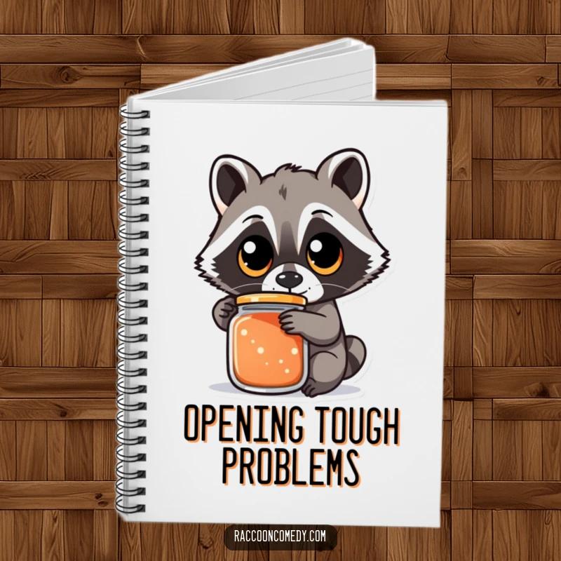 Funny raccoon notebook cover with a graphic of a raccoon with large eyes trying to open a jar, a determined funny gift.