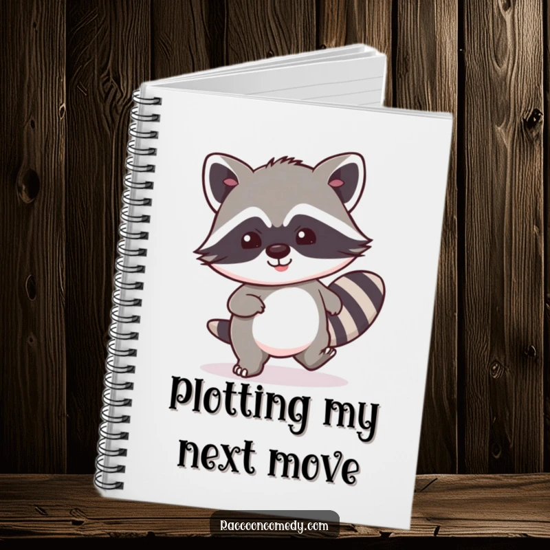 Funny kawaii raccoon notebook, poised for stealthy note-taking with a mischievous, silent smile.