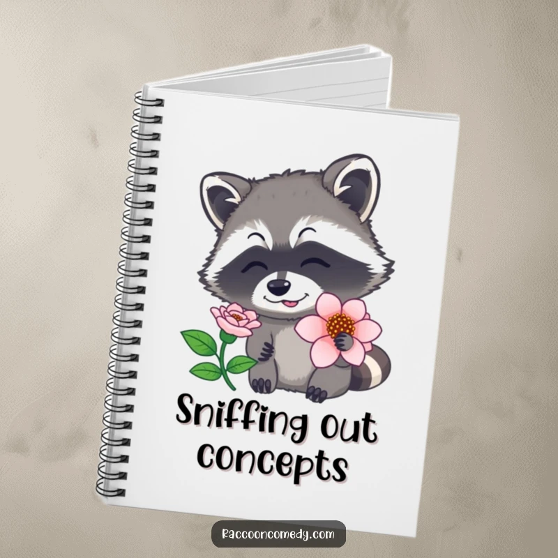 Funny raccoon notebook cover with a graphic of a raccoon sniffing a flower, nose twitching sensorially, a nature-themed funny gift.