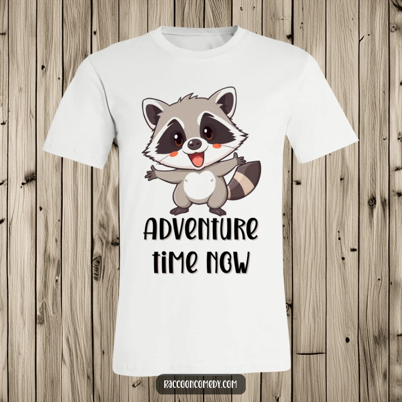 Funny t-shirt featuring an eager raccoon with a sly grin, ready for a covert operation or a grand adventure.