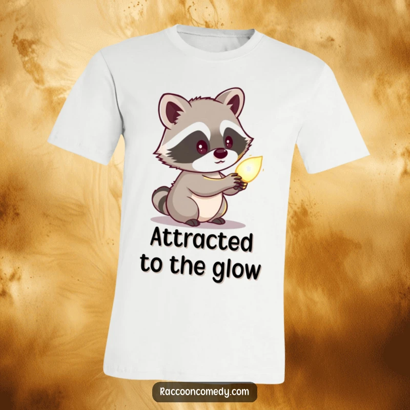 Funny raccoon t-shirt featuring a cute character looking curiously at a bright glowing object, capturing a moment of fascination and discovery.