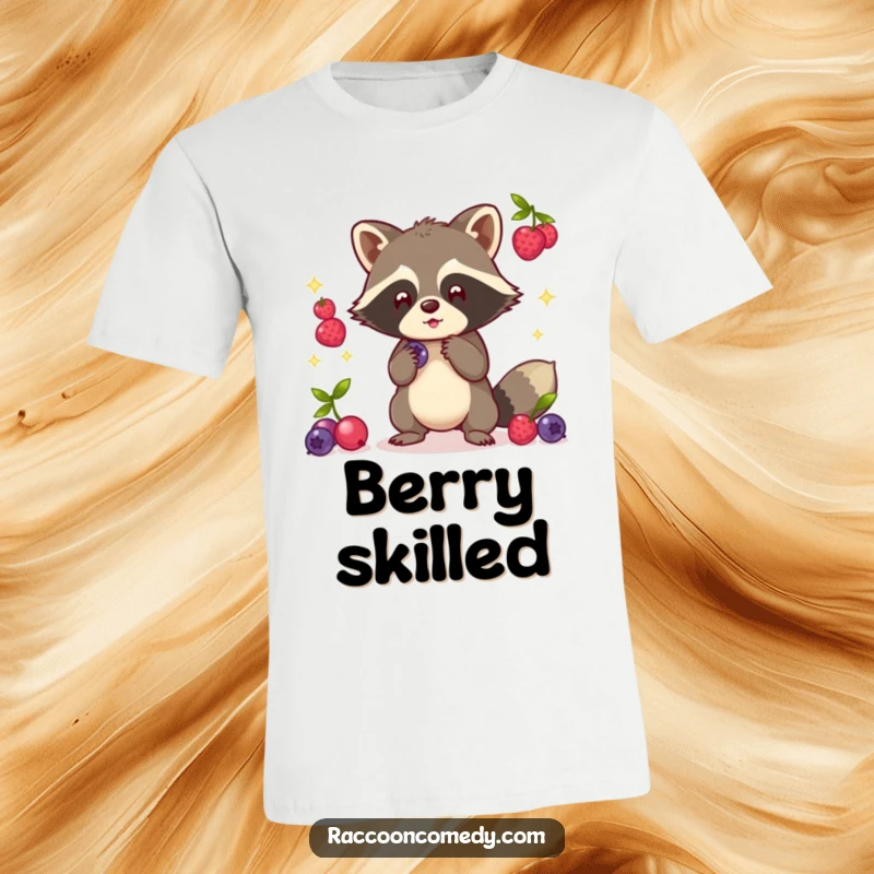 Funny Kawaii Raccoon T-Shirt: Adorable raccoon juggling glowing berries with nimble paws.