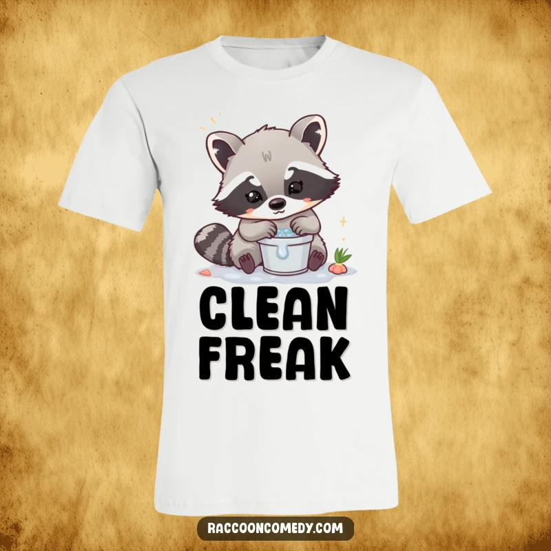 Funny Kawaii Raccoon T-Shirt: Adorable raccoon washing in a tiny bucket, perfect for a clean vibe.