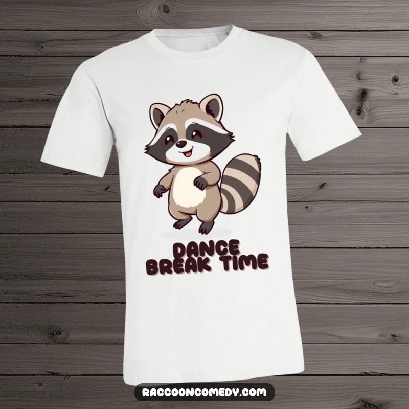 Funny t-shirt depicting a happy raccoon with a fluffy tail enthusiastically doing a little dance, showcasing pure joy and humor.