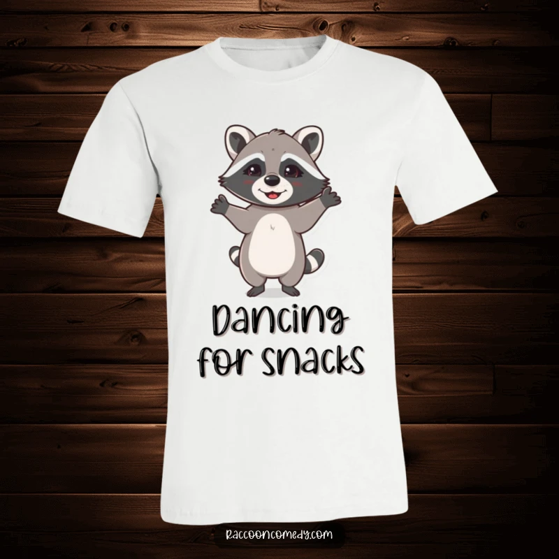 Funny t-shirt depicting a cheerful raccoon busting a move with its front paws joyfully lifted in the air.