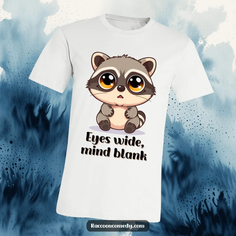 Funny kawaii raccoon sporting oversized googly eyes with a bewildered expression, printed on a comfortable t-shirt.