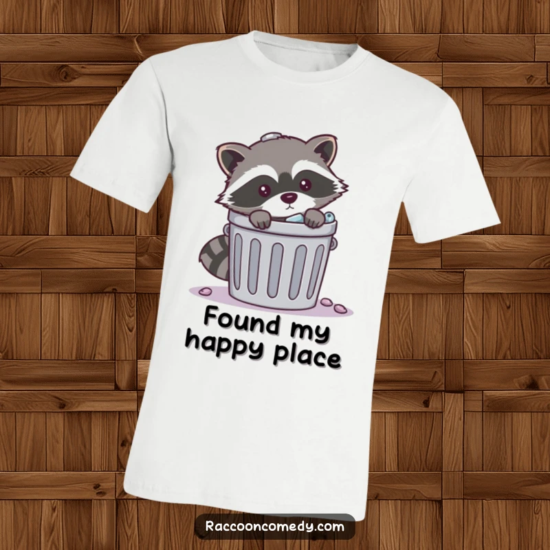 Funny mischievous raccoon trash t-shirt graphic of a raccoon peeking with a sly grin from behind a full trash can, embodying playful naughtiness.