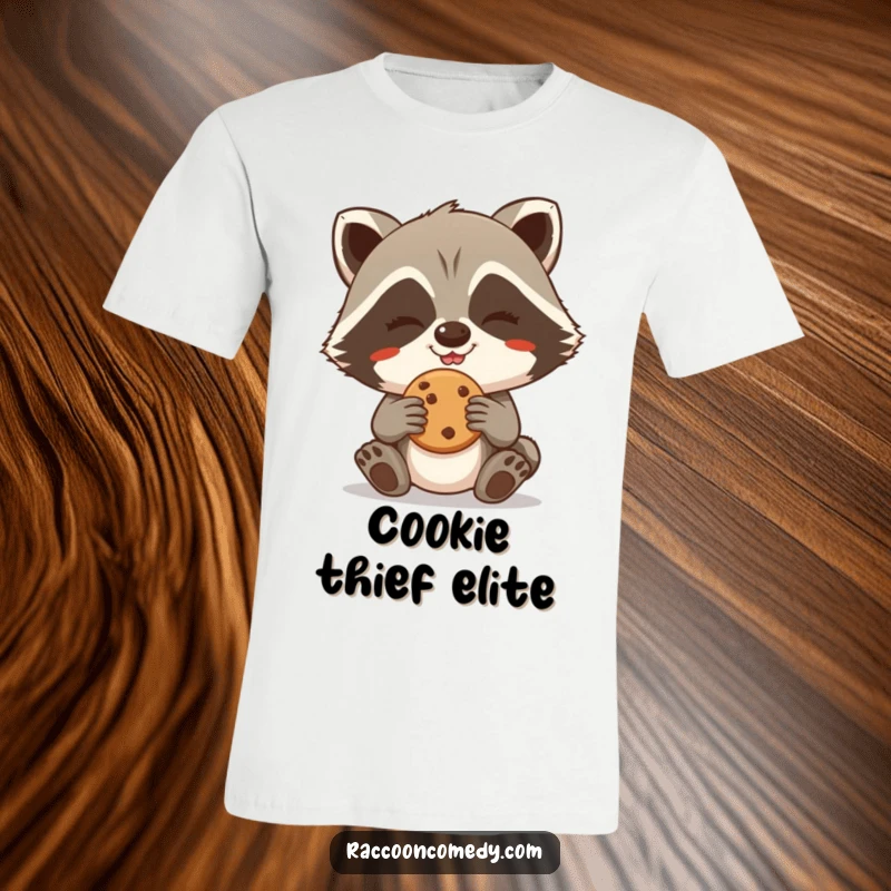 Funny Raccoon T-Shirt: A giggling raccoon grins mischievously while trying to swipe a delicious cookie.
