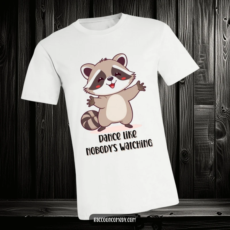 Funny happy raccoon t-shirt, silly dance pose, paws raised, energetic animal, ideal funny gift.