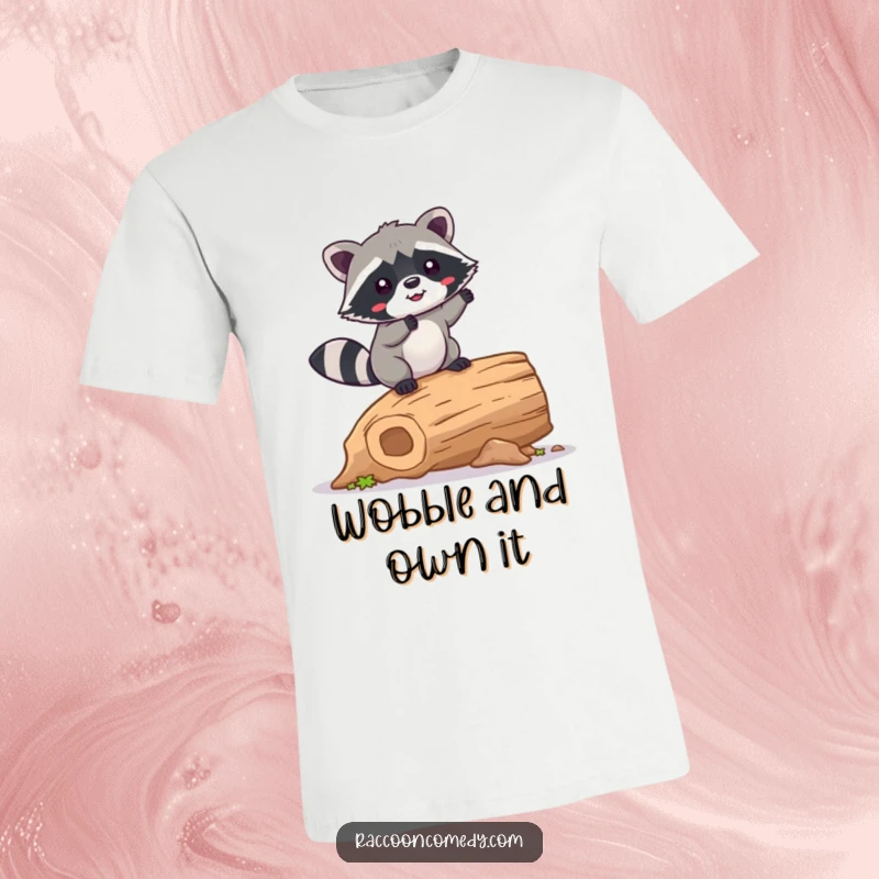 Funny Raccoon T-Shirt: A cute kawaii raccoon attempting to balance on a hollow log, wobbling happily with a determined smile.