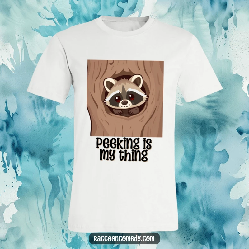 Funny Kawaii Raccoon T-Shirt: Adorable raccoon with a curious expression, peeking from a tree hollow.