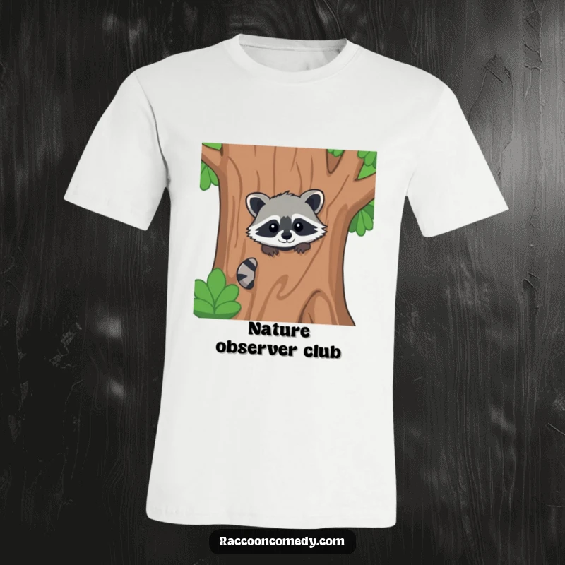 Funny kawaii raccoon t-shirt, peeking cautiously but cheerfully from behind a stylized, oversized tree.