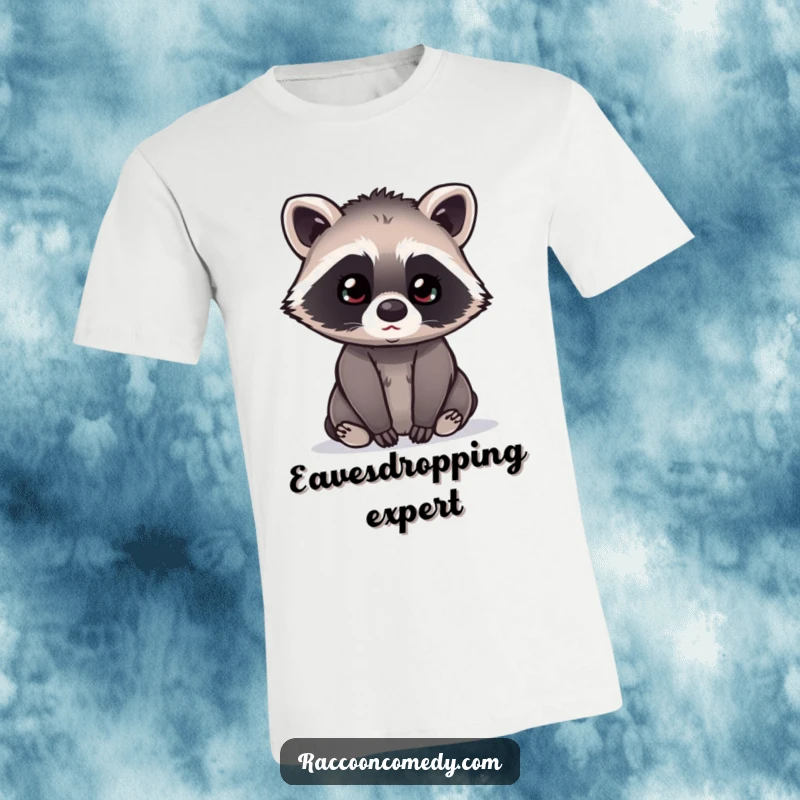 Funny kawaii raccoon with its head tilted in curiosity, listening intently, printed on a humorous t-shirt that expresses an inquisitive nature.