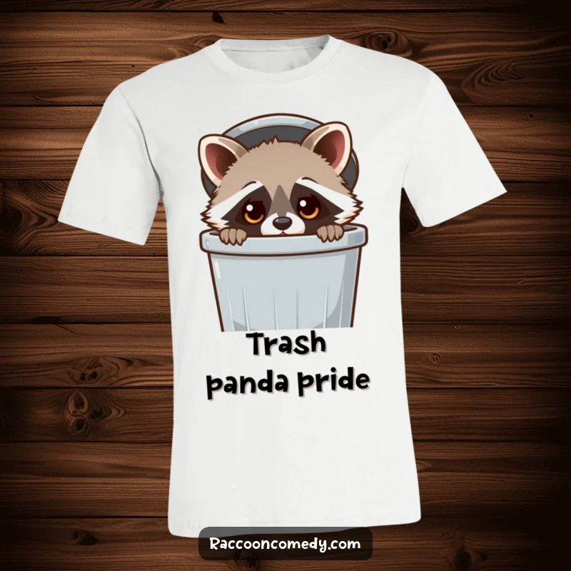 Funny Raccoon T-Shirt: A cute kawaii raccoon with wide, curious eyes peeking over the edge of a trash can, full of charm and humor.