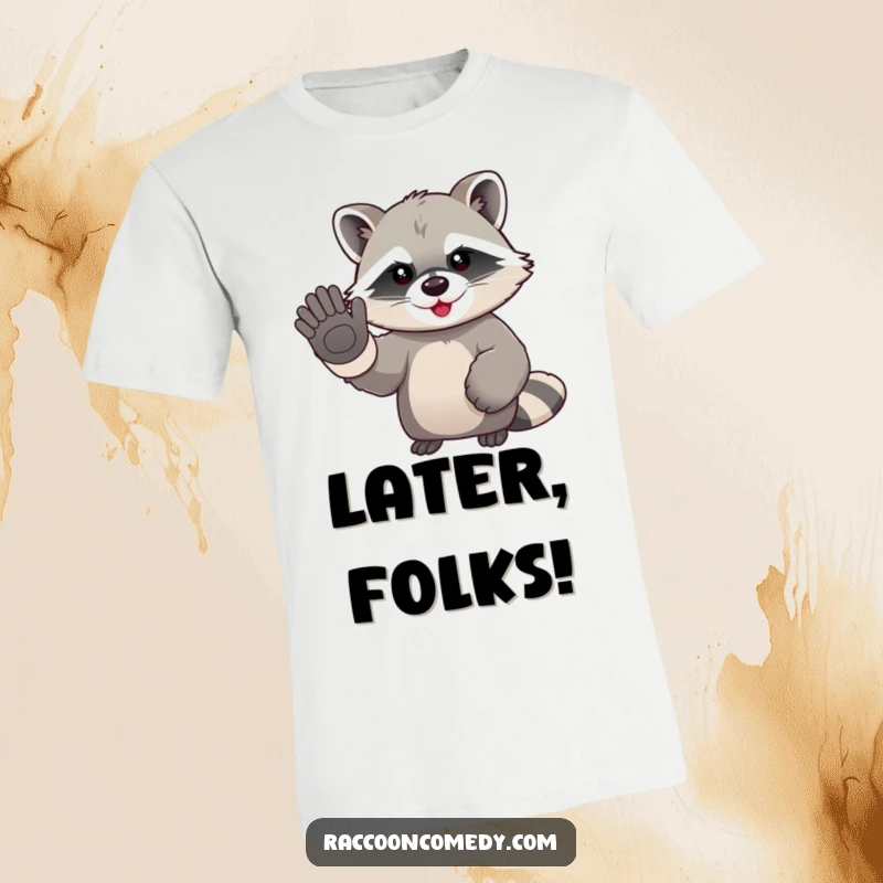 Funny kawaii raccoon wearing large gloves, enthusiastically waving goodbye on a comfortable t-shirt, showcasing friendly vibes.