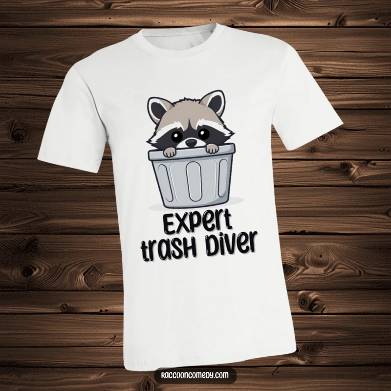 Funny mischievous raccoon t-shirt, peeking from trash can, striped bin, sly animal, ideal funny gift.