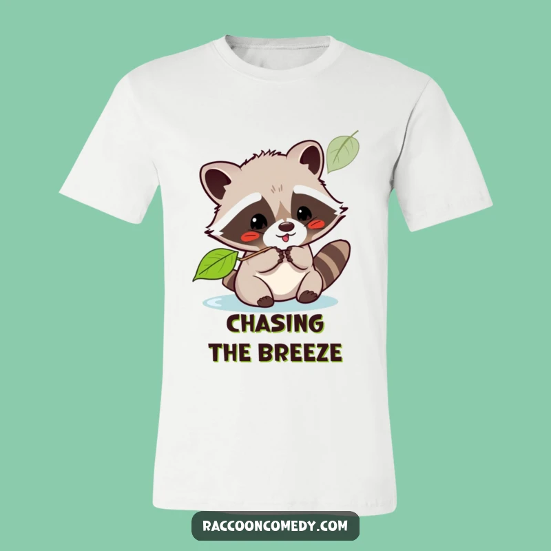 Funny Playful Kawaii Raccoon Leaf Batting T-Shirt: Whimsical Wearable Fun