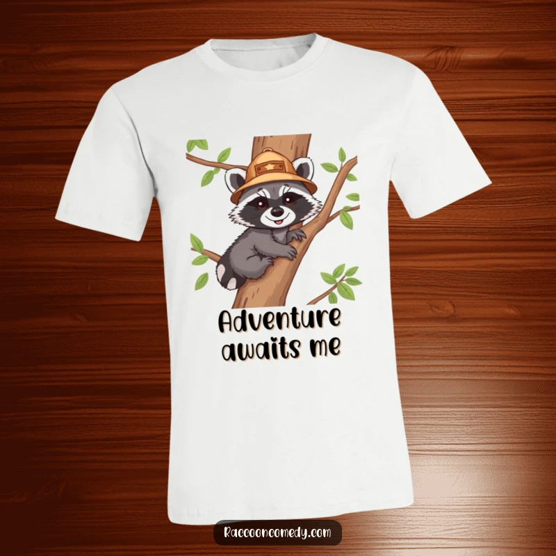 Funny t-shirt showcasing a smiling raccoon cub wearing an explorer hat, determinedly climbing a tree, radiating adventurous and cute vibes.