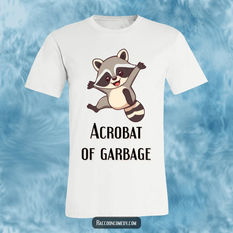 Funny t-shirt design of a raccoon doing a nimble, joyful flip with a big smile, embodying playful athleticism.