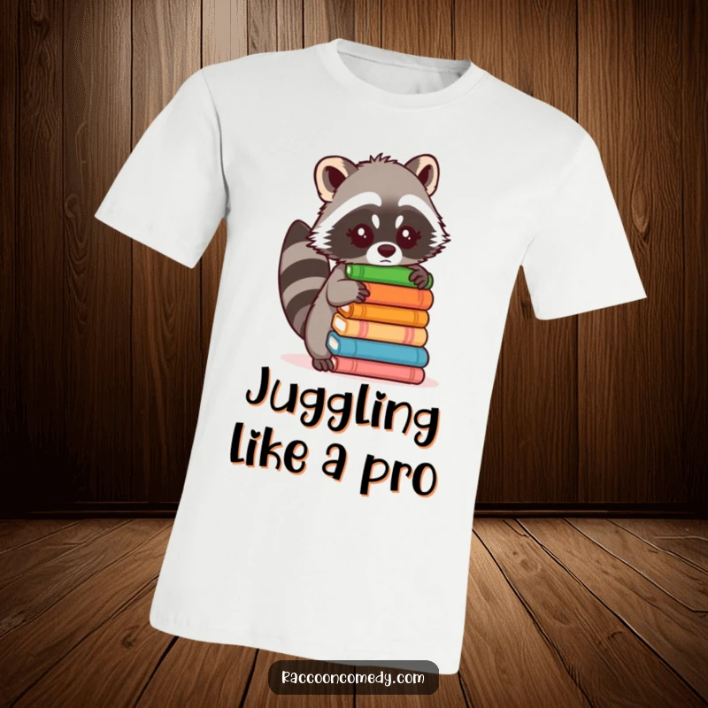 Funny t-shirt showcasing a determined raccoon struggling to keep a tower of items from falling, a comical depiction of effort.
