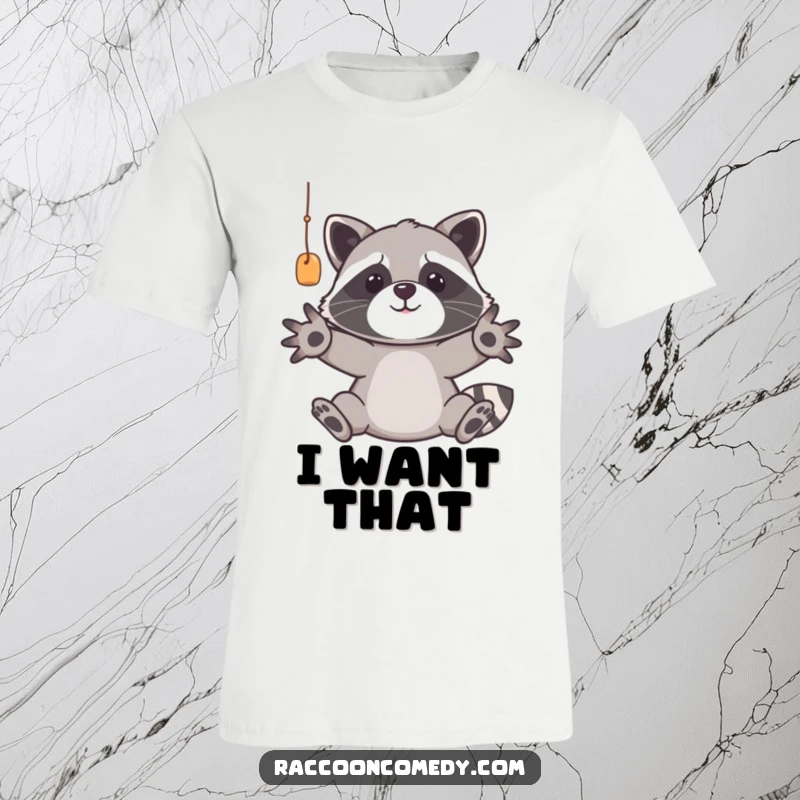 Funny raccoon t-shirt showcasing a determined trash panda with paws reaching, illustrating a comical quest for a desirable item, highlighting its funny nature.