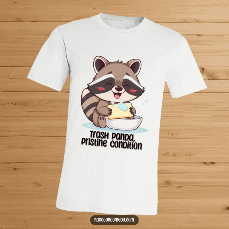 Funny t-shirt showcasing a happy raccoon with a wide, delighted grin, meticulously washing a bar of soap.