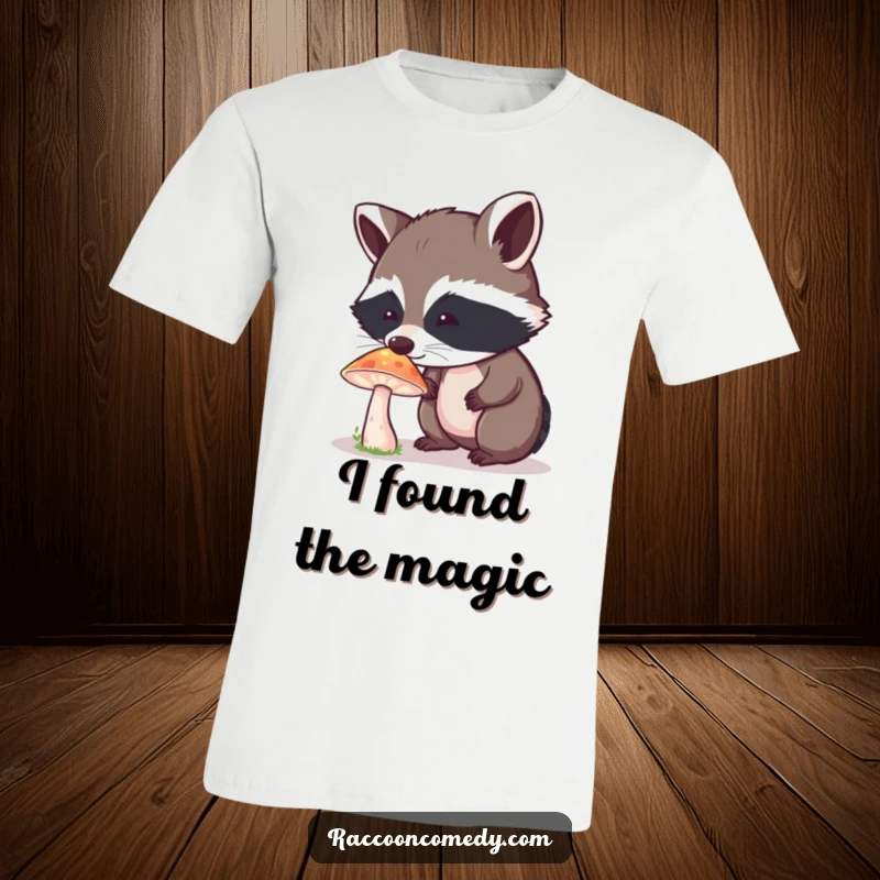 Funny Raccoon T-Shirt: A curious raccoon marvels at a glowing mushroom, filled with wonder and fascination.