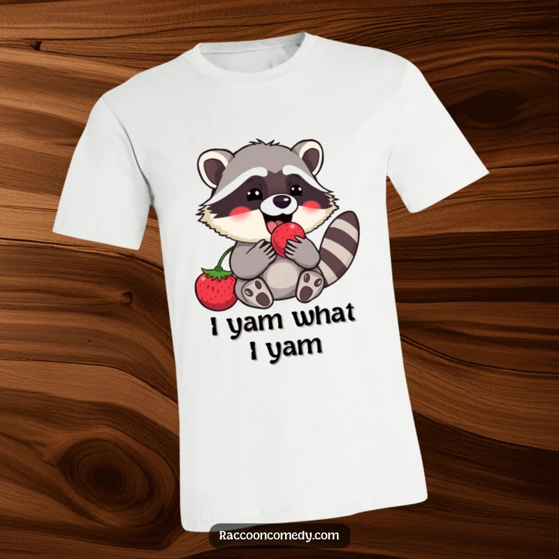 Funny raccoon t-shirt showing a happy character stuffing its face with a delicious, plump berry, embodying pure, unadulterated joy.