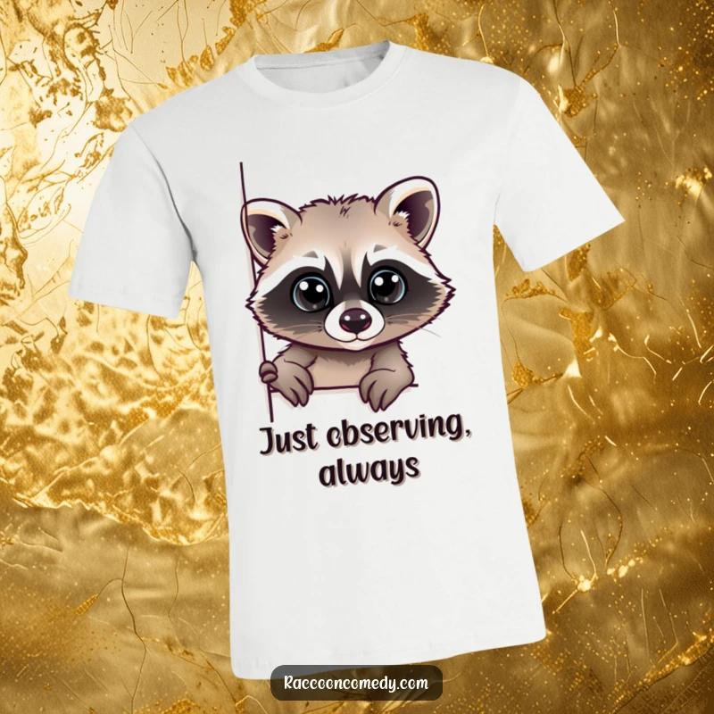 Funny t-shirt design of a raccoon with wide, inquisitive eyes peeking around an unseen corner, embodying curiosity.