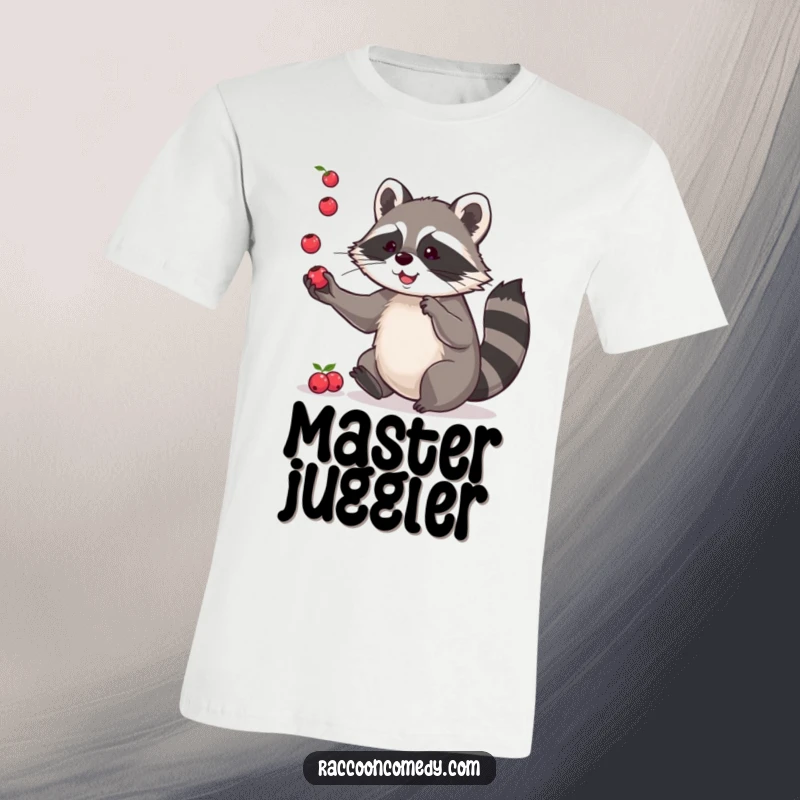 Funny t-shirt depicting a playful raccoon with nimble paws juggling a pile of tiny berries, showcasing dexterity and humor.
