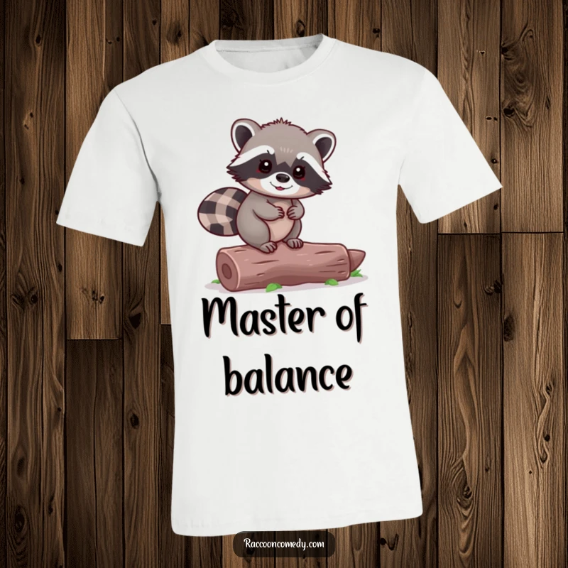 Funny Raccoon T-Shirt: A tiny raccoon beams with happiness while perfectly balancing on a log.