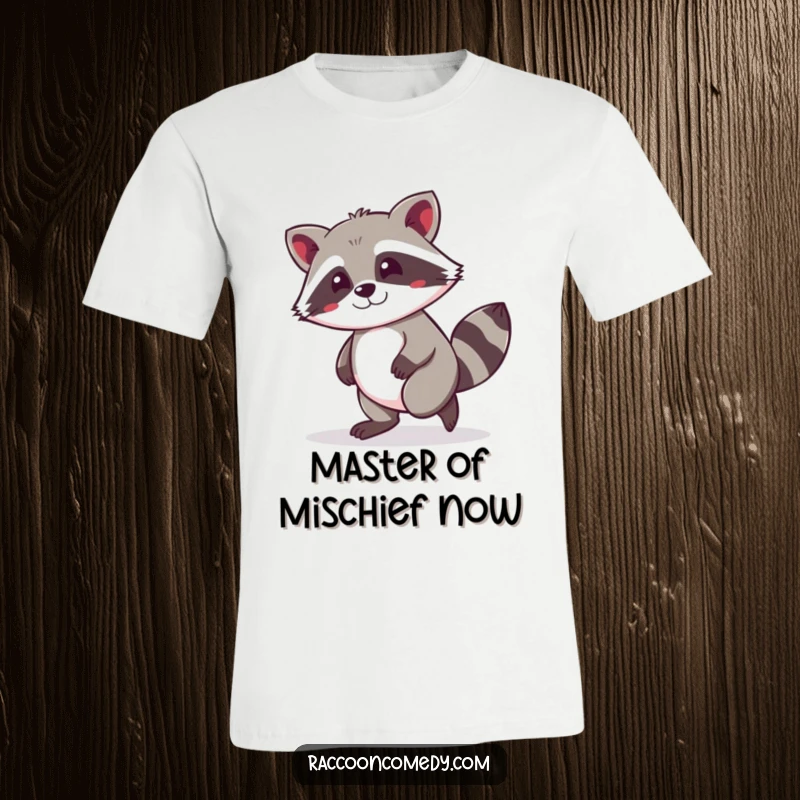 Funny kawaii raccoon stealthily tiptoeing with a mischievous, wide grin printed on a comfortable t-shirt.