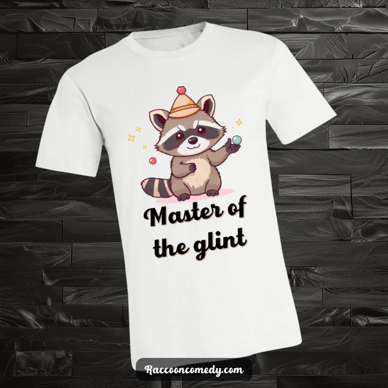 Funny cute raccoon t-shirt, small hat, juggling shiny items, skilled animal, ideal funny gift.
