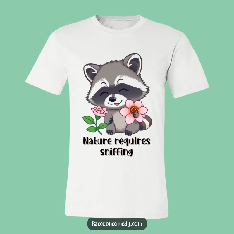 Funny Raccoon Flower Sniff T-Shirt - Adorable Animal Tee, Ideal Funny Gift!