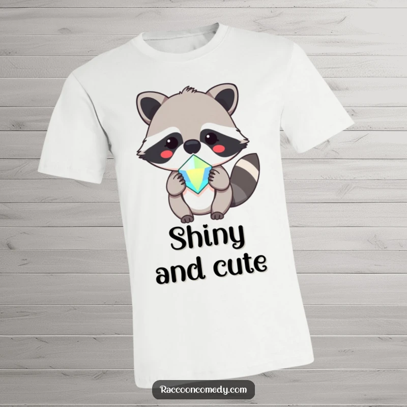 Funny t-shirt with a super cute, kawaii raccoon character offering a glittering gemstone, symbolizing joy and preciousness.