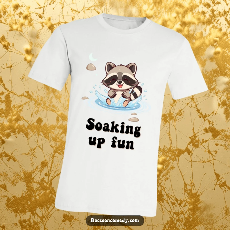 Funny kawaii raccoon joyfully splashing water in a stream with delight, printed on a humorous t-shirt that radiates happiness.