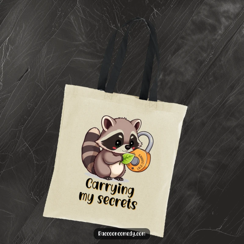 Funny kawaii raccoon using a leaf to open a lock, humorously depicted on a durable tote bag, perfect for daily use.