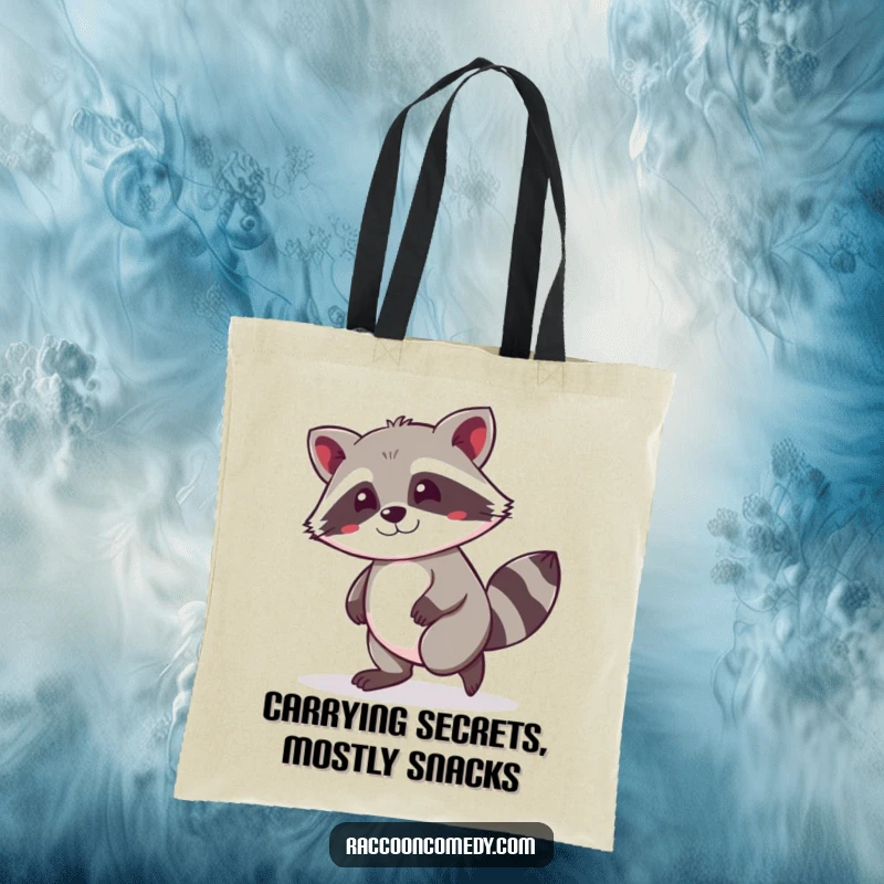 Funny kawaii raccoon tiptoeing with a mischievous grin, decorating a durable tote bag, perfect for carrying smiles.
