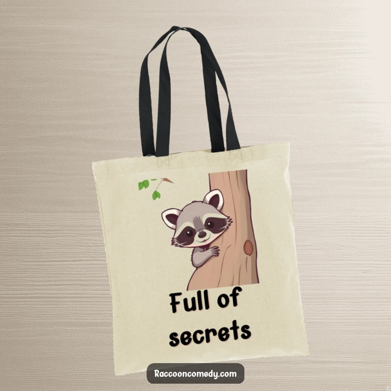 Funny raccoon tote bag, durable and stylish, featuring a curious raccoon peeking from behind a tree, great for shopping.