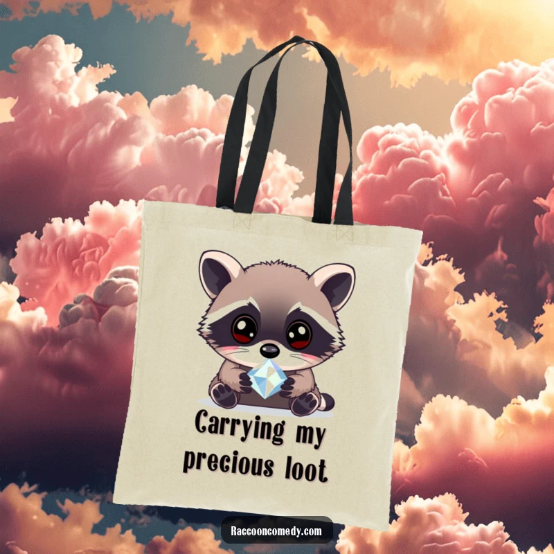 Funny curious raccoon gem tote bag with a raccoon examining a sparkling gem, showcasing a love for shiny objects and playful curiosity.