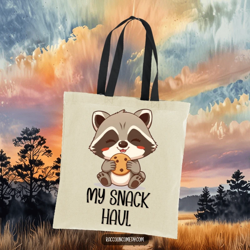 Funny Raccoon Tote Bag: A giggling raccoon grins as it plots to steal a cookie, a true treat thief.
