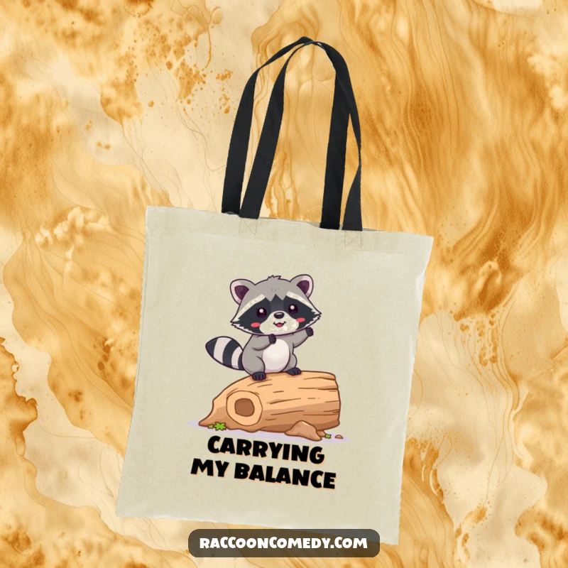 Funny Raccoon Tote Bag: A kawaii raccoon happily wobbling on a hollow log, perfect for carrying your essentials with a touch of humor.