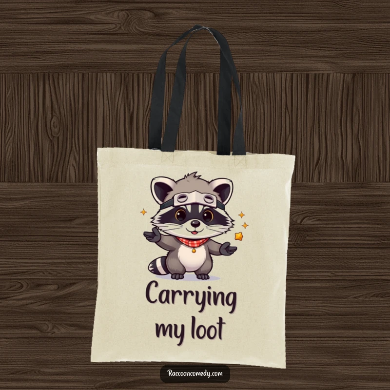 Funny Raccoon Tote Bag: A kawaii raccoon bandit juggling shiny objects, perfect for carrying your essentials with a touch of humor.