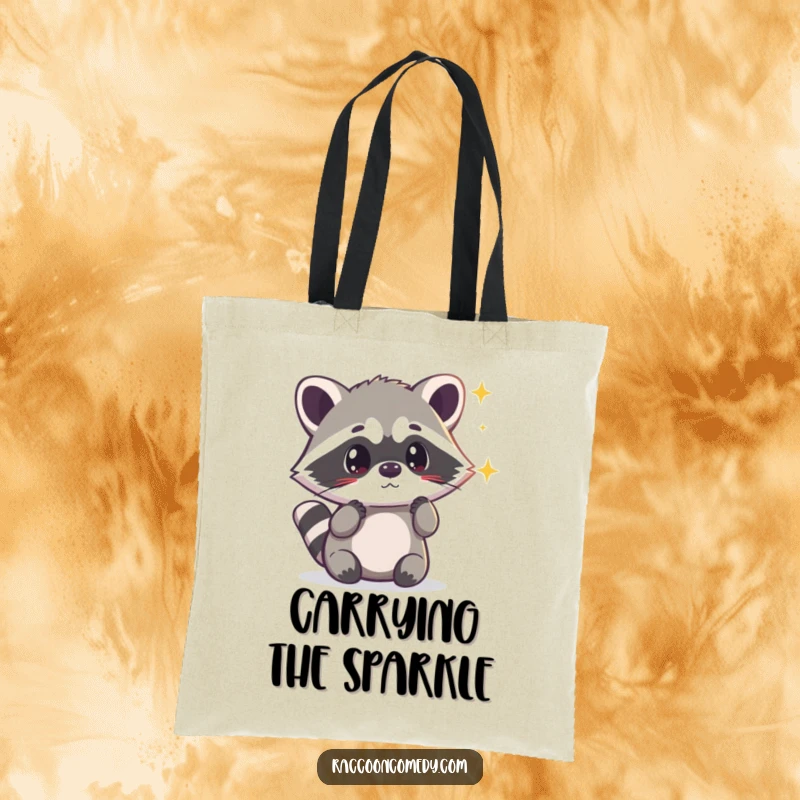Funny kawaii raccoon looking surprised by a shimmering light, printed on a durable tote bag, perfect for carrying smiles.