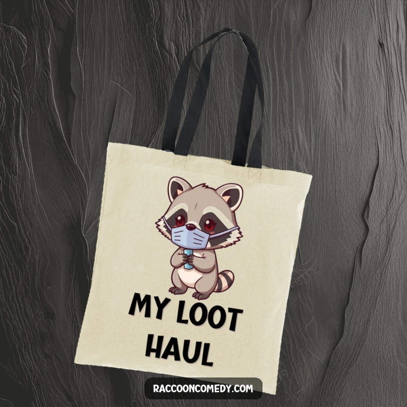 Funny Kawaii Raccoon Tote Bag: A cute masked raccoon clutching a shiny object, ready for adventure.